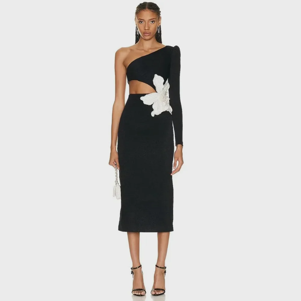 Black ONE SHOULDER MIDI Dress with FLowER ON THE SIDE - Image 2