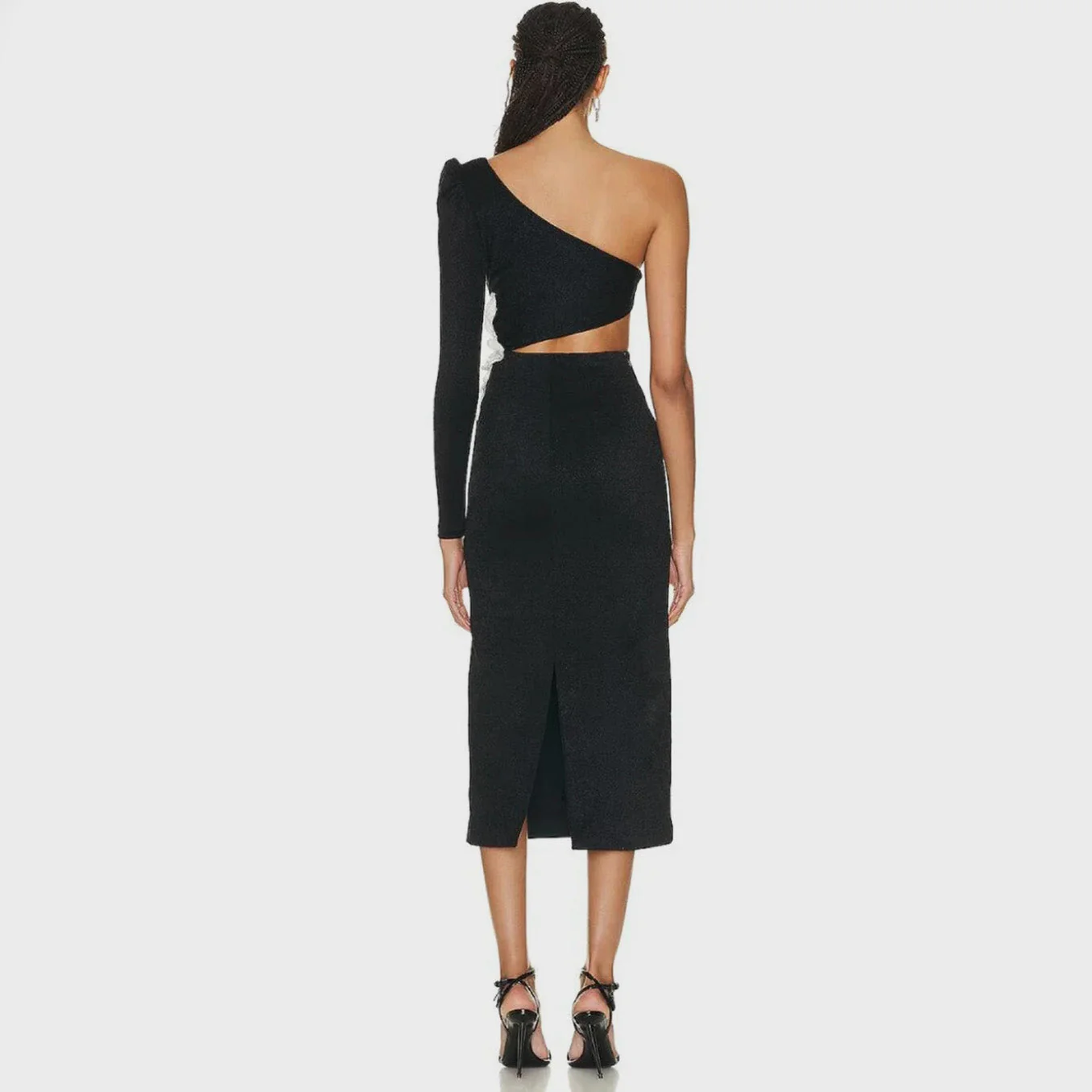 Black ONE SHOULDER MIDI Dress with FLowER ON THE SIDE - Image 4