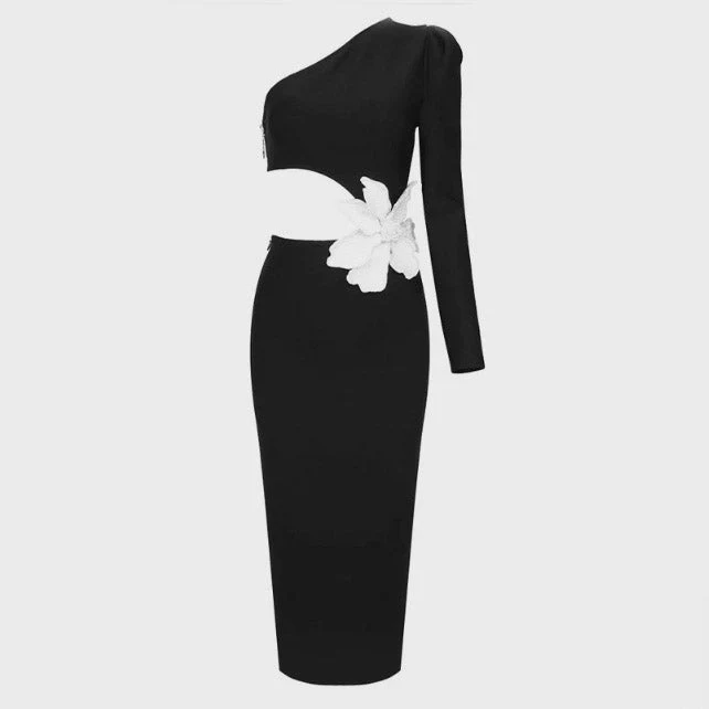 Black ONE SHOULDER MIDI Dress with FLowER ON THE SIDE - Image 5