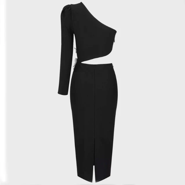 Black ONE SHOULDER MIDI Dress with FLowER ON THE SIDE - Image 6