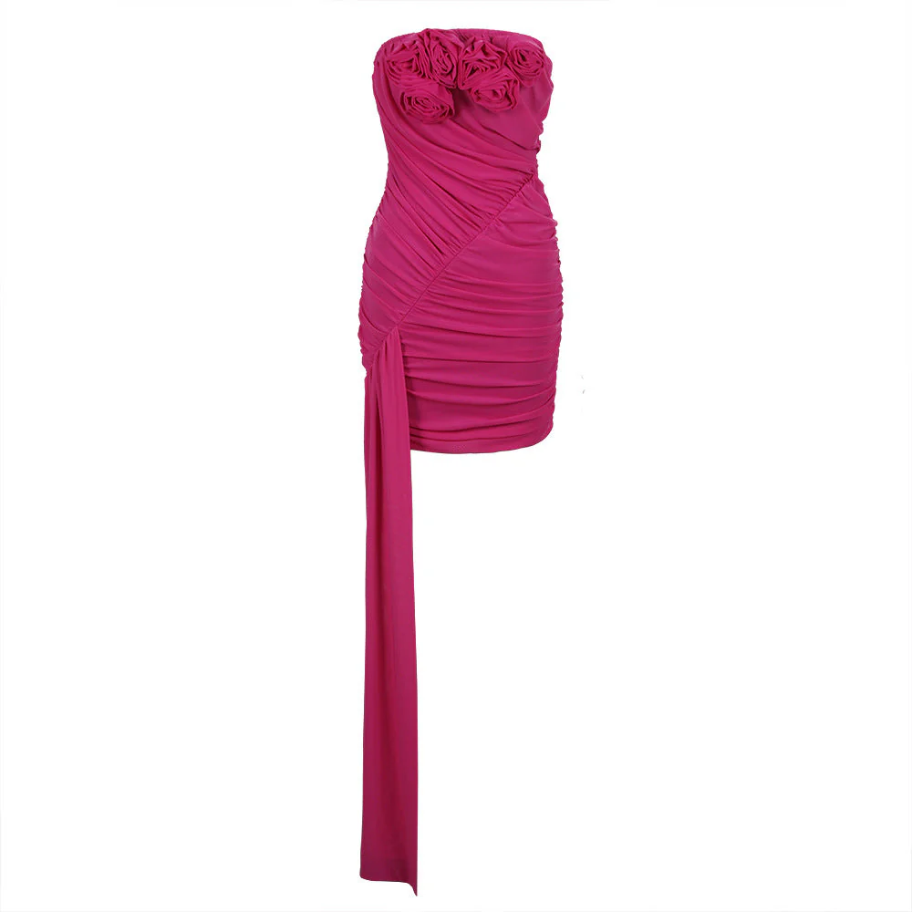 HANAO PINK RUCHED Mini Dress with TRAIN and ROSE BOWS - Image 4