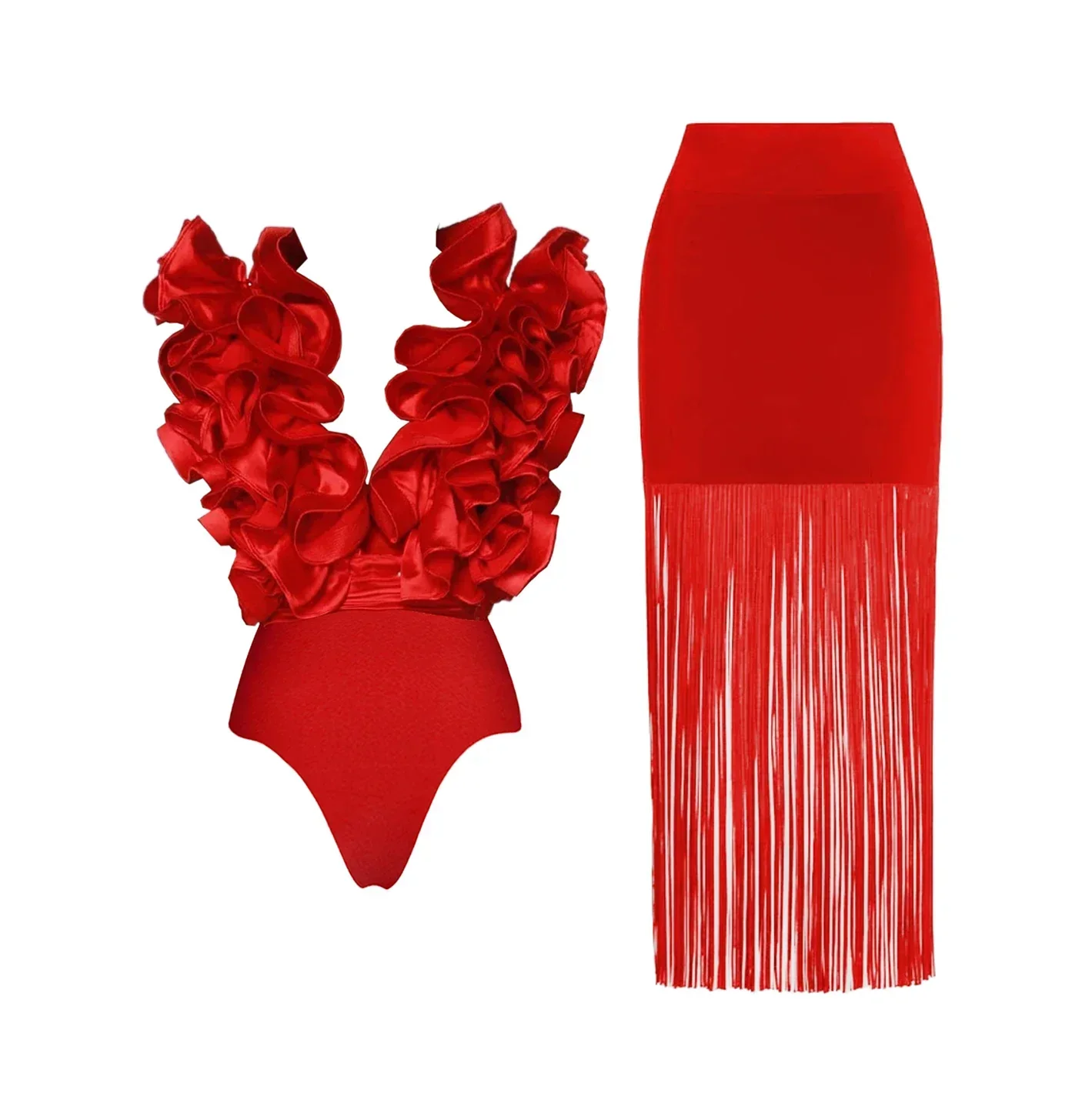 RED FLowER BODYSUIT and SIDE SLIT MAXY Skirt - Image 11