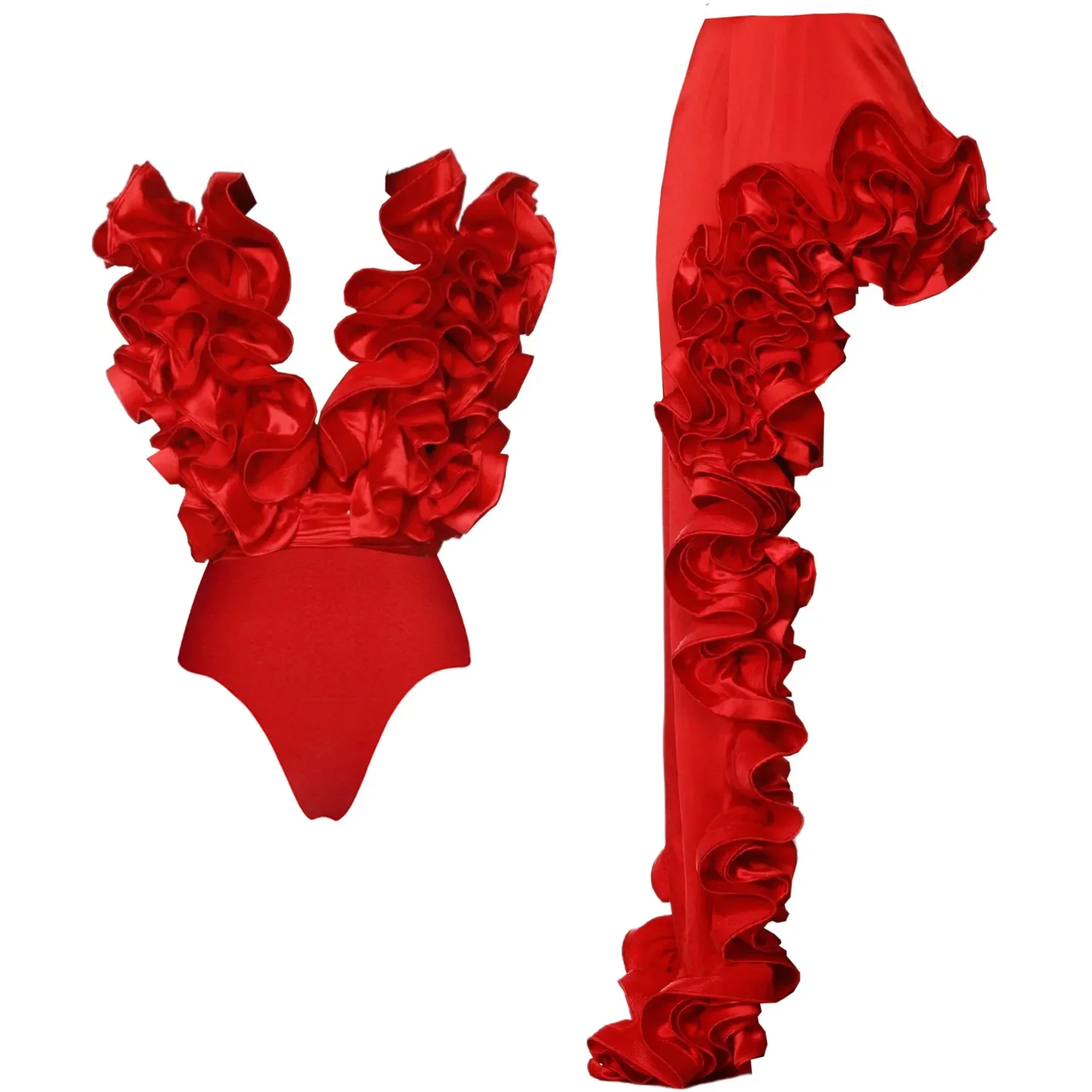 RED FLowER BODYSUIT and SIDE SLIT MAXY Skirt - Image 2