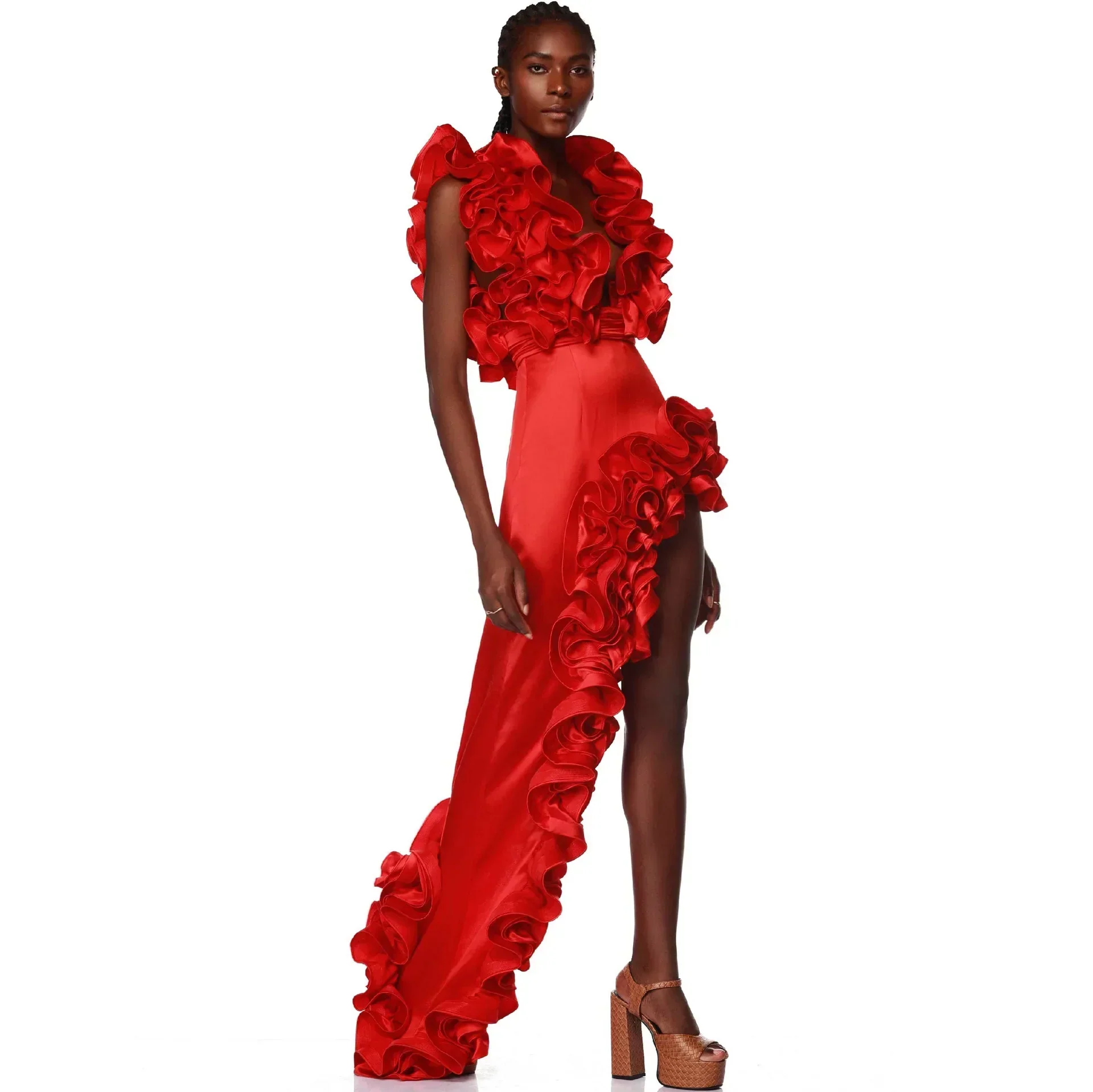 RED FLowER BODYSUIT and SIDE SLIT MAXY Skirt - Image 3