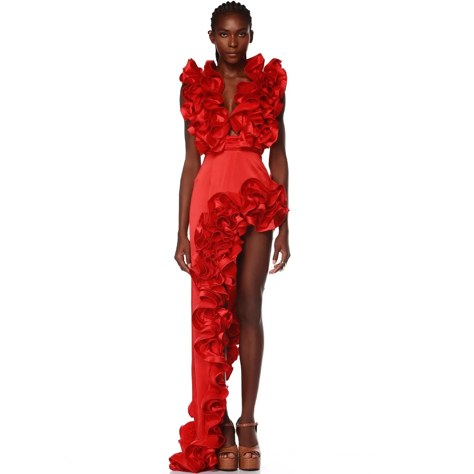 RED FLowER BODYSUIT and SIDE SLIT MAXY Skirt - Image 5