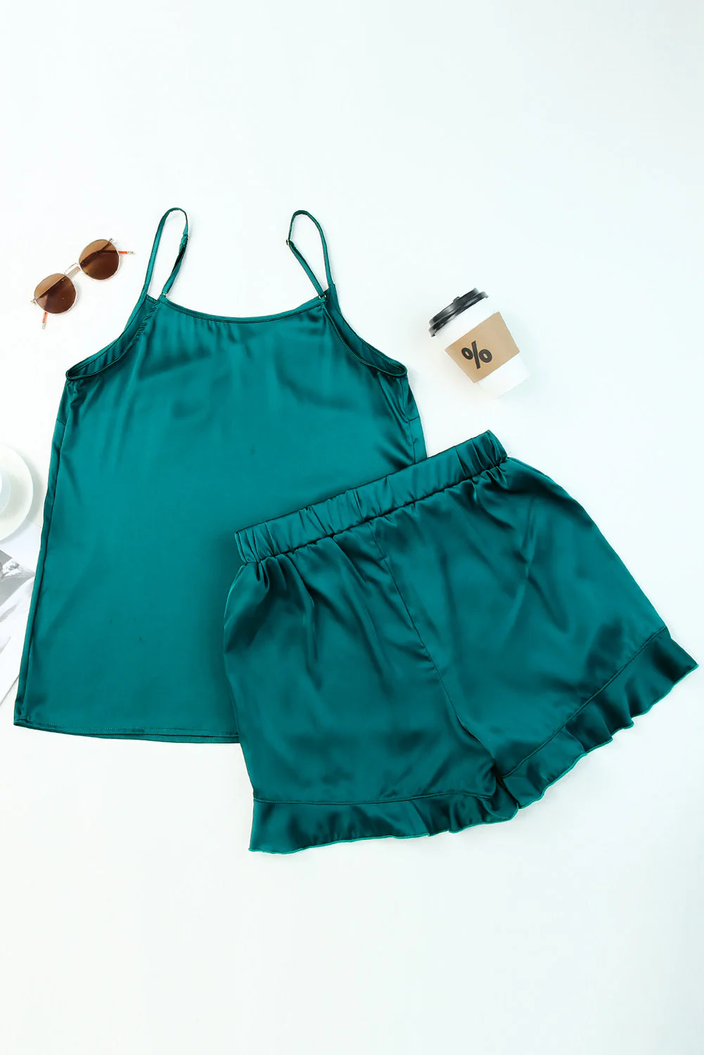 2pcs Silky Ruffled Spaghetti Straps Pajamas Set - Image 6