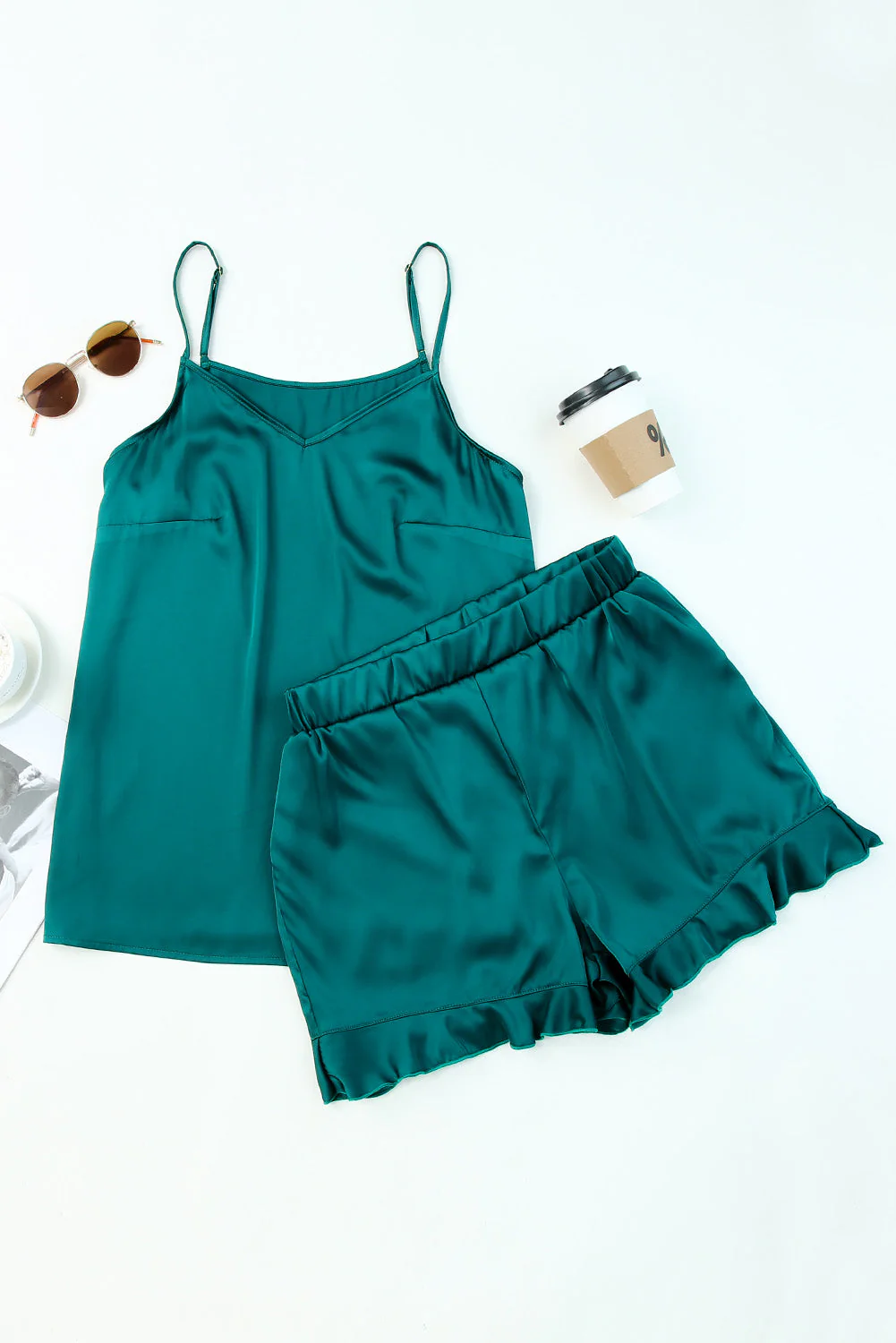 2pcs Silky Ruffled Spaghetti Straps Pajamas Set - Image 7