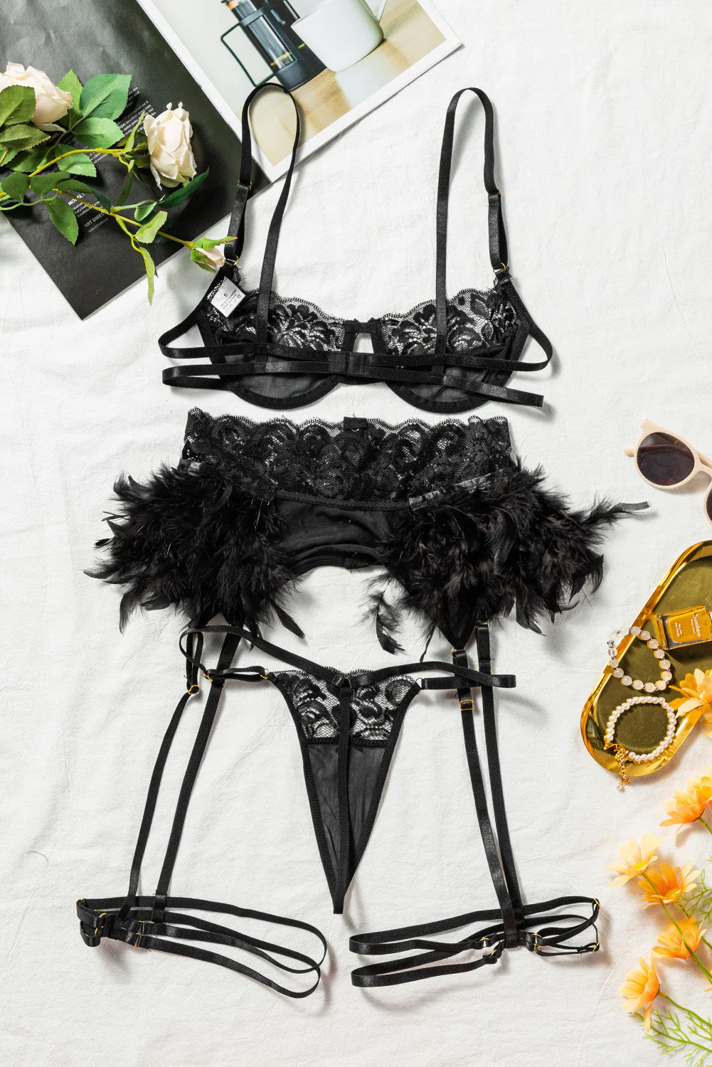 3Pcs Lace Mesh Lingerie Set With Feather Garter Belt - Image 24