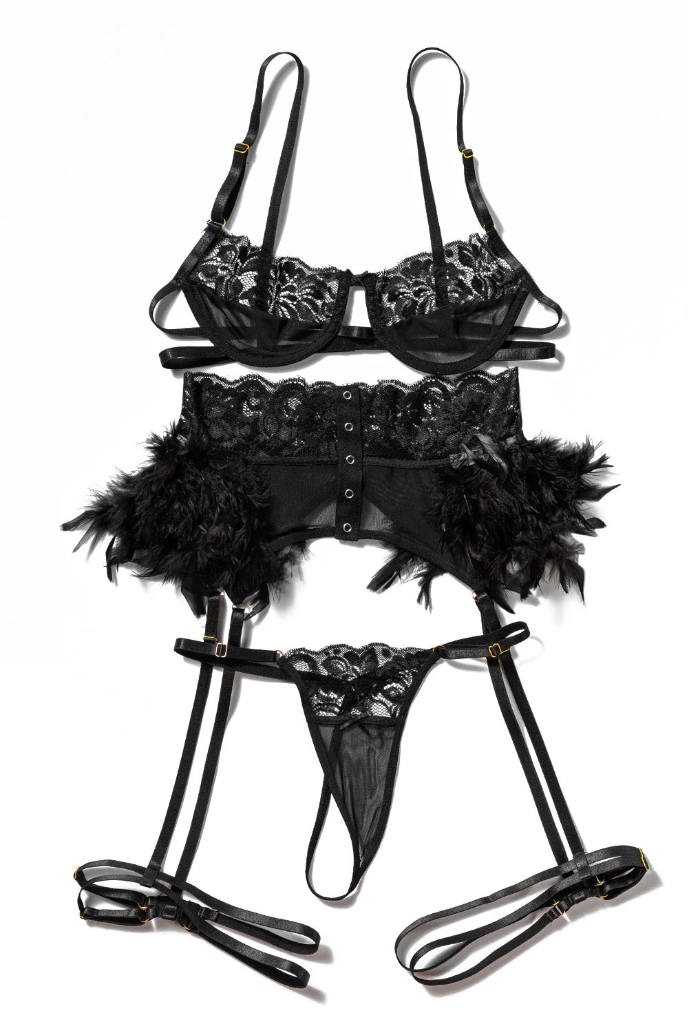 3Pcs Lace Mesh Lingerie Set With Feather Garter Belt - Image 36
