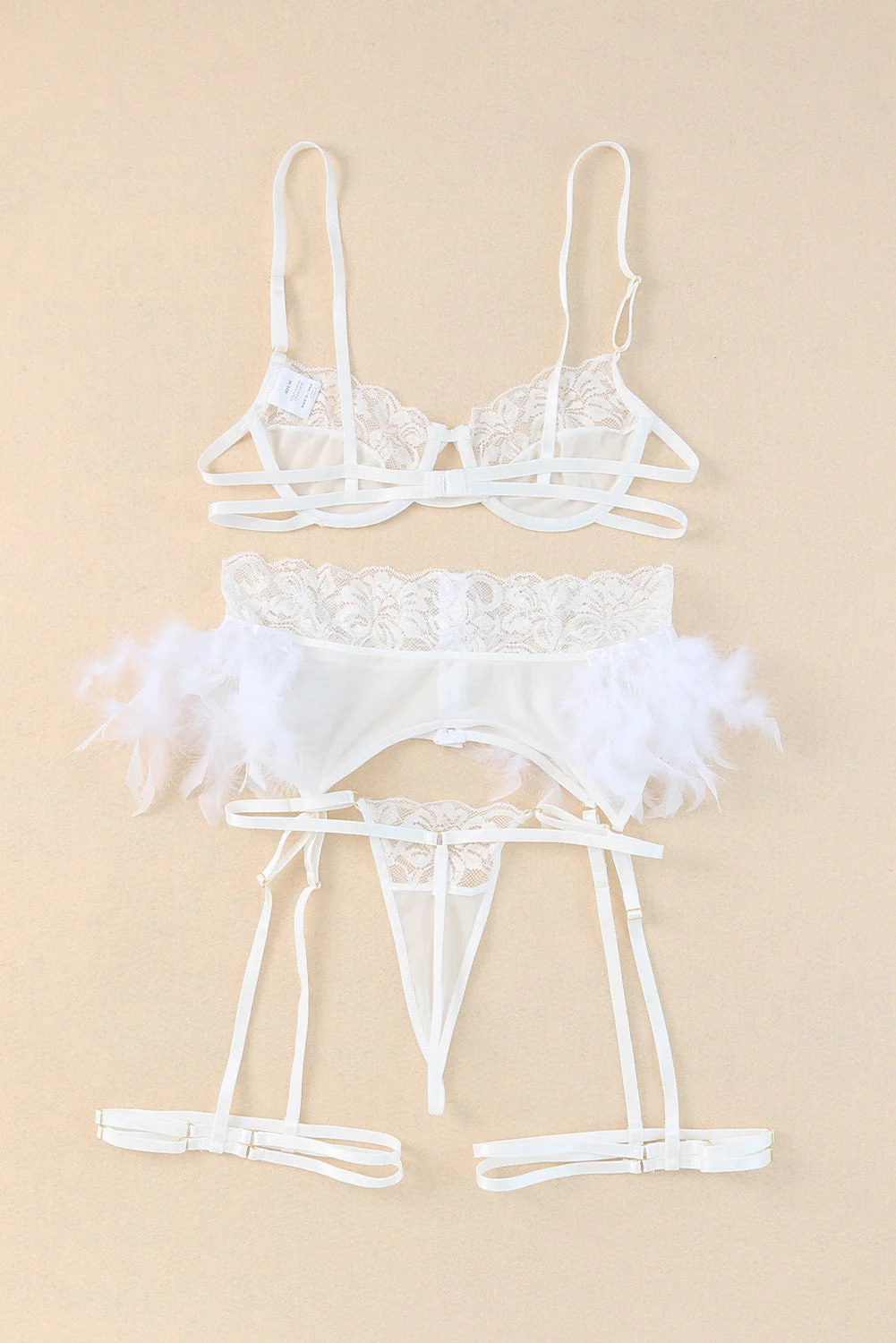 3Pcs Lace Mesh Lingerie Set With Feather Garter Belt - Image 9