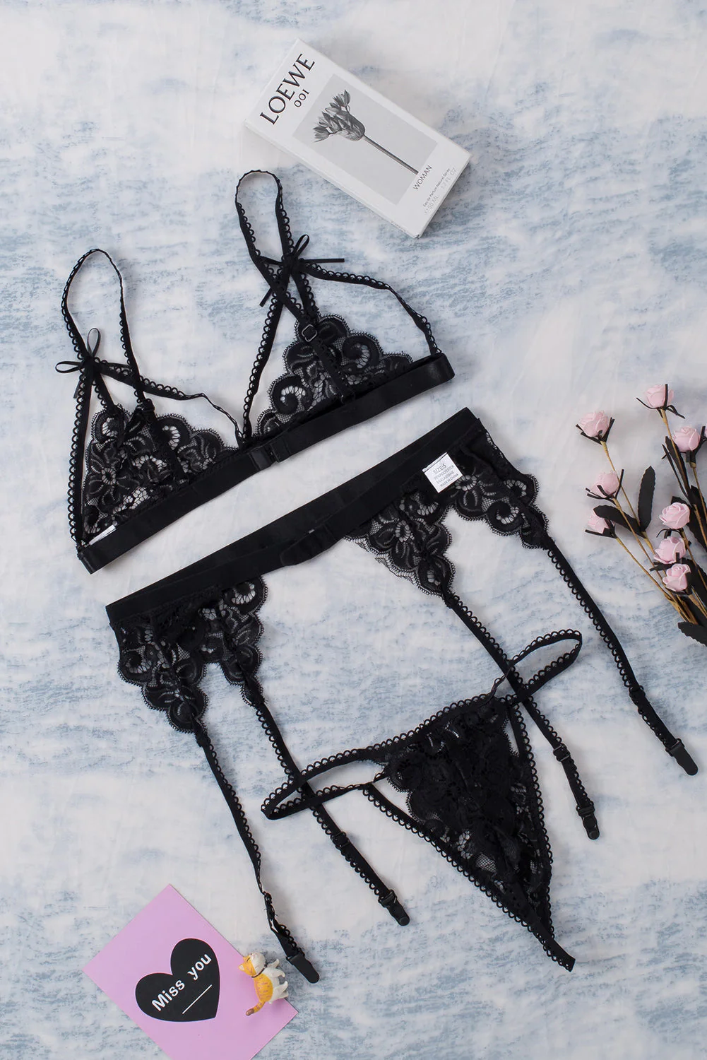 3Pcs Lace Patch Strappy Bra Thong Lingerie Set With Garter Belt - Image 35