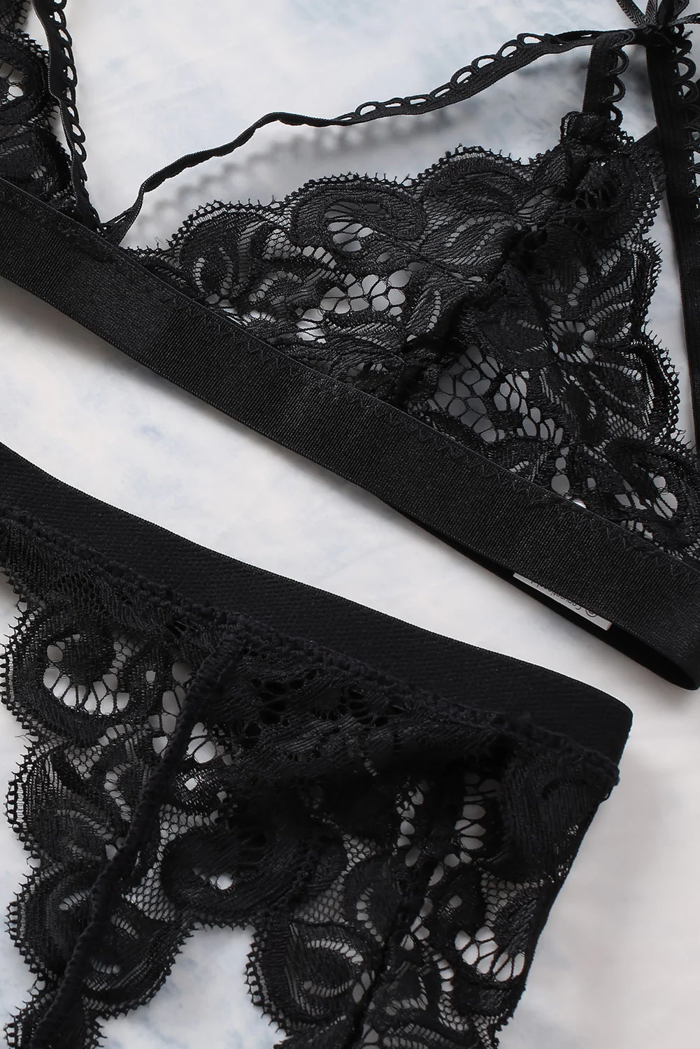 3Pcs Lace Patch Strappy Bra Thong Lingerie Set With Garter Belt - Image 38