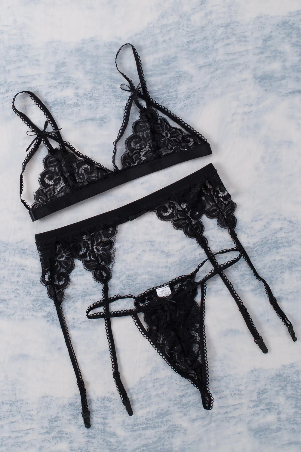 3Pcs Lace Patch Strappy Bra Thong Lingerie Set With Garter Belt - Image 42
