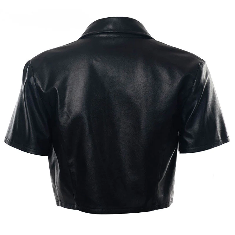90s Short Sleeve Button Up Collared Crop Leather Blouse - Black - Image 4