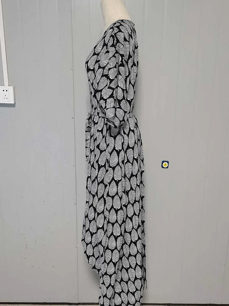 Printed Black & Yellow Color Polyester Long Length Gown Kimono Duster Robe - Image 5