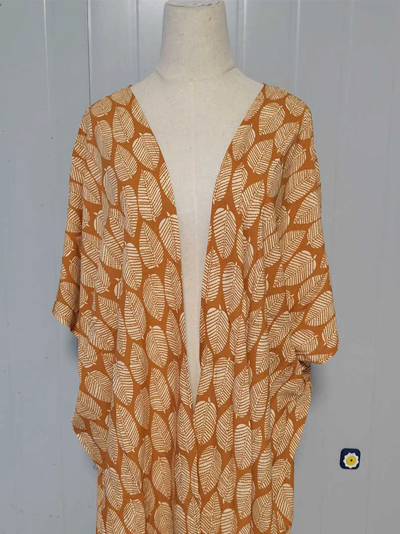 Printed Black & Yellow Color Polyester Long Length Gown Kimono Duster Robe - Image 6