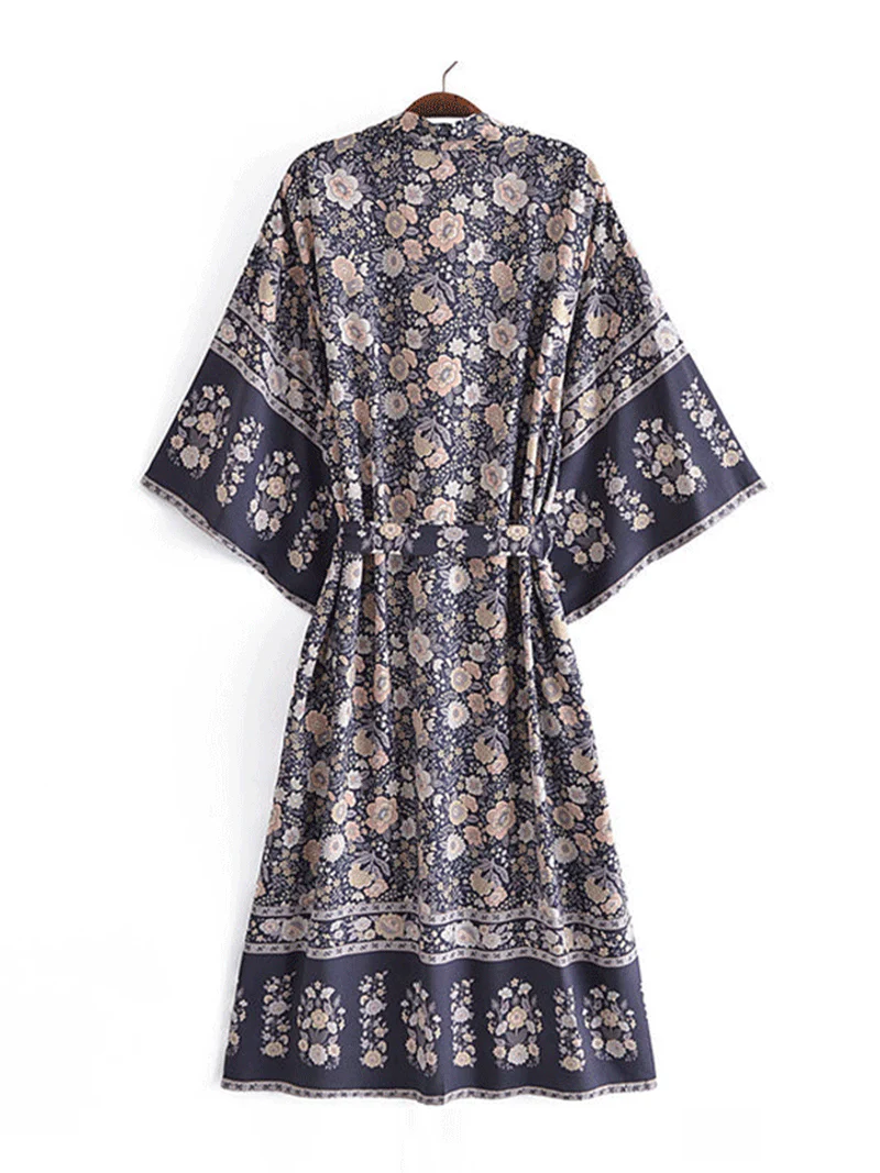 Party Wear Floral Print Black Color Cotton Long Length Gown Kimono Duster Robe - Image 2