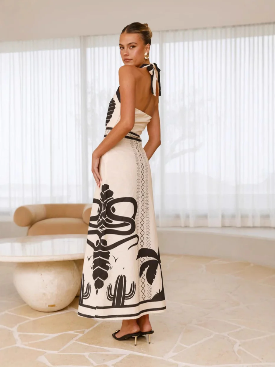 A Shell Print Off-The-Neck Cinched Waist A-Line Dress - Image 6