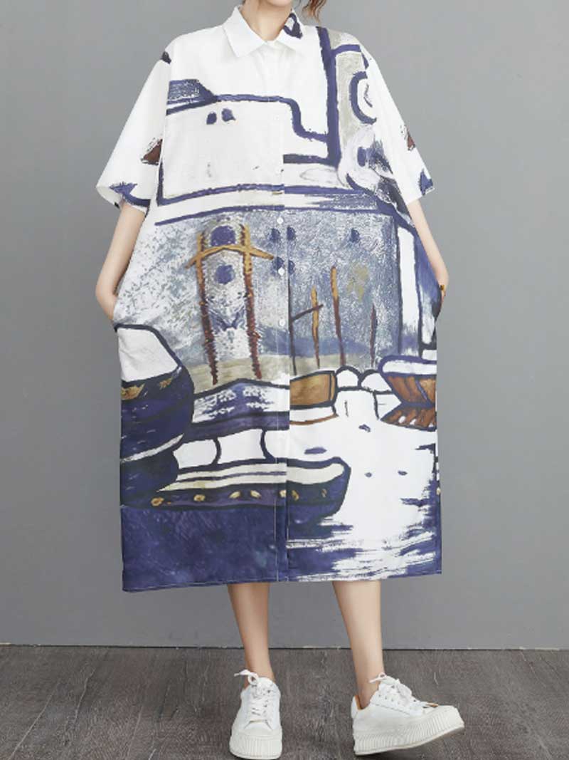 Abstract Art Print Cotton Short Sleeve A-Line Shirt Dress - Image 2