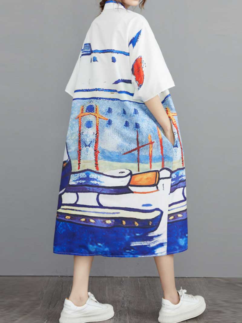 Abstract Art Print Cotton Short Sleeve A-Line Shirt Dress - Image 3