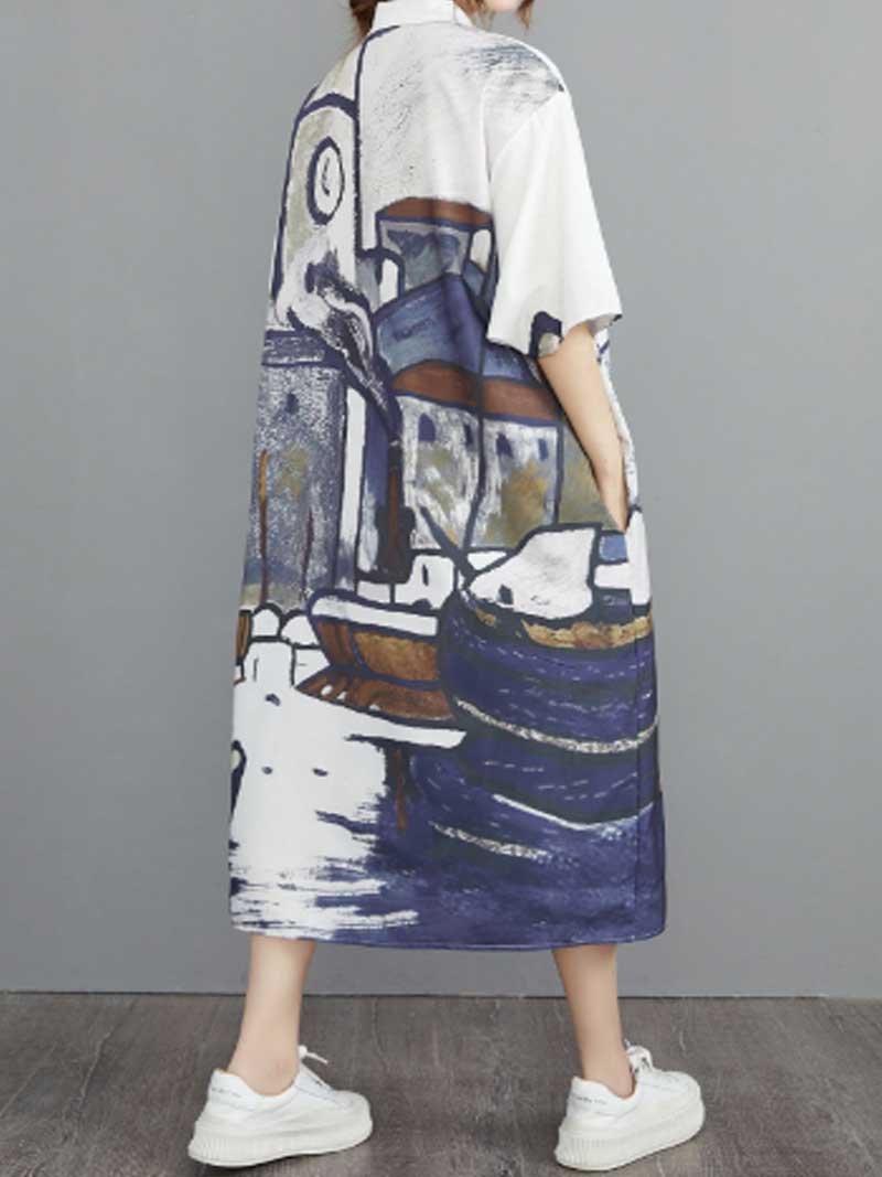 Abstract Art Print Cotton Short Sleeve A-Line Shirt Dress - Image 4