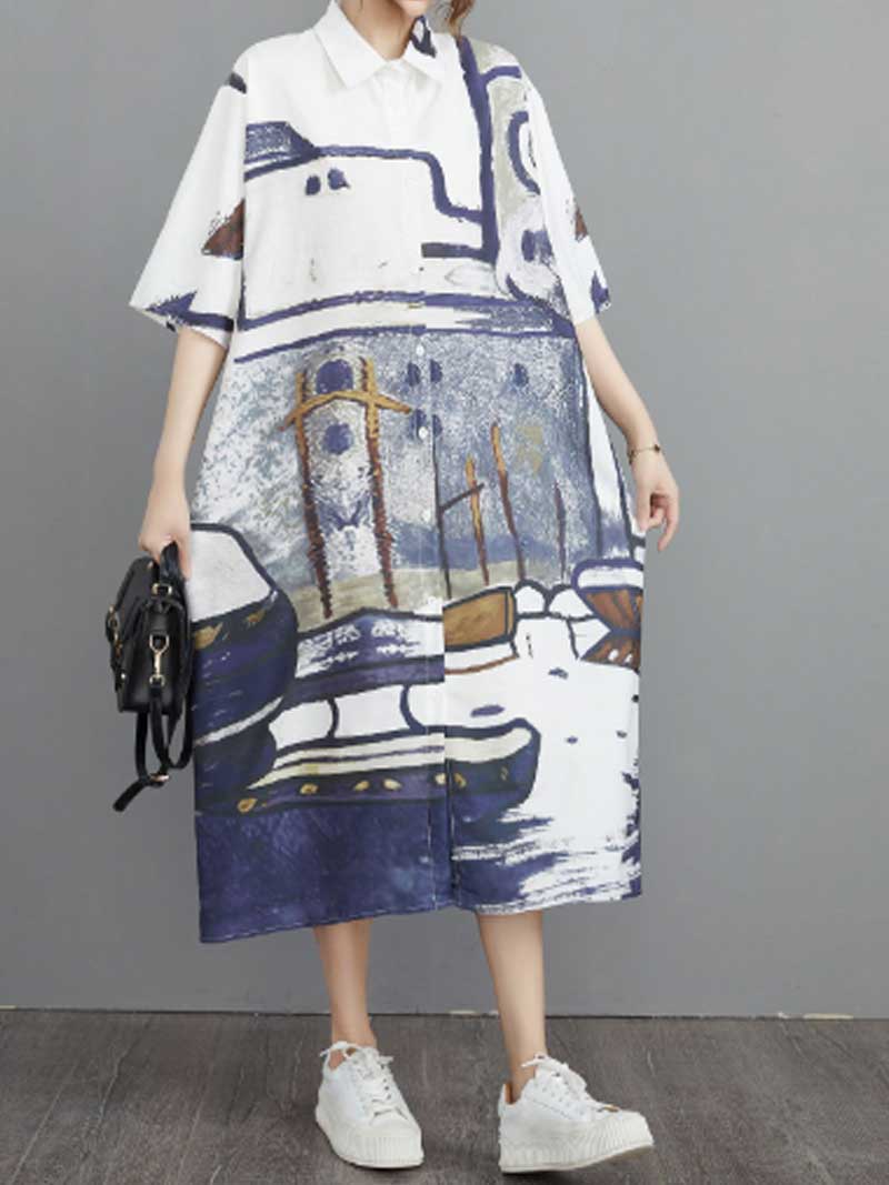 Abstract Art Print Cotton Short Sleeve A-Line Shirt Dress - Image 5