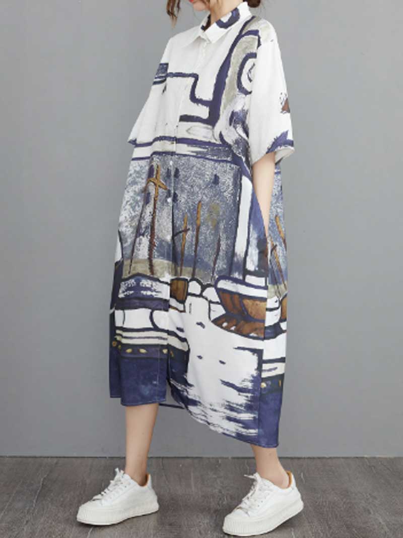 Abstract Art Print Cotton Short Sleeve A-Line Shirt Dress - Image 7