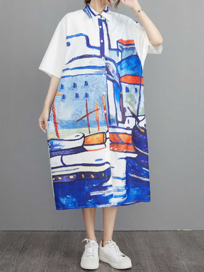 Abstract Art Print Cotton Short Sleeve A-Line Shirt Dress - Image 8