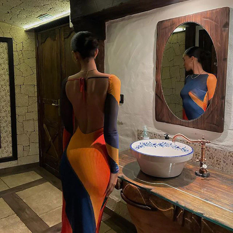 Abstract Boat Neck Long Sleeve Fishtail Backless Maxi Dress - Multicolor - Image 2