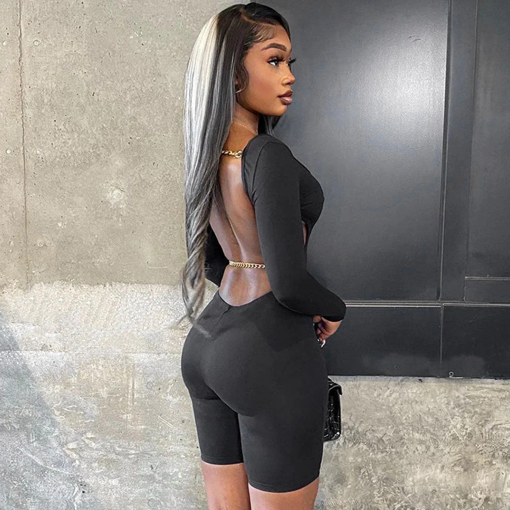 Active Chain Strap Scoop Neck Long Sleeve Backless Romper - Black - Image 3