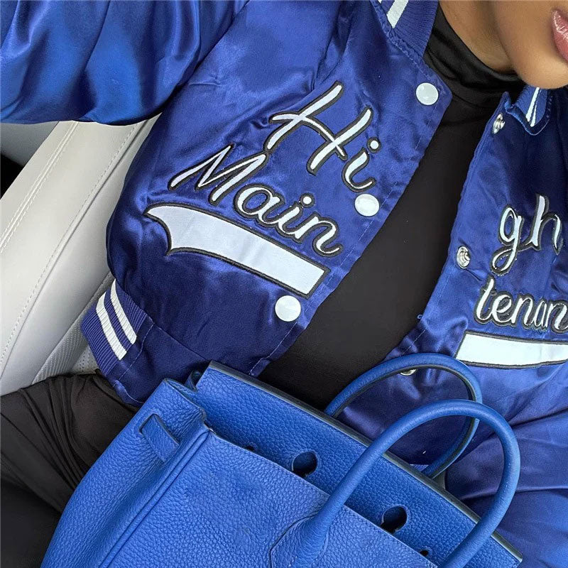 Active Letter Print Button Up Cropped Varsity Bomber Jacket - Royal Blue - Image 3