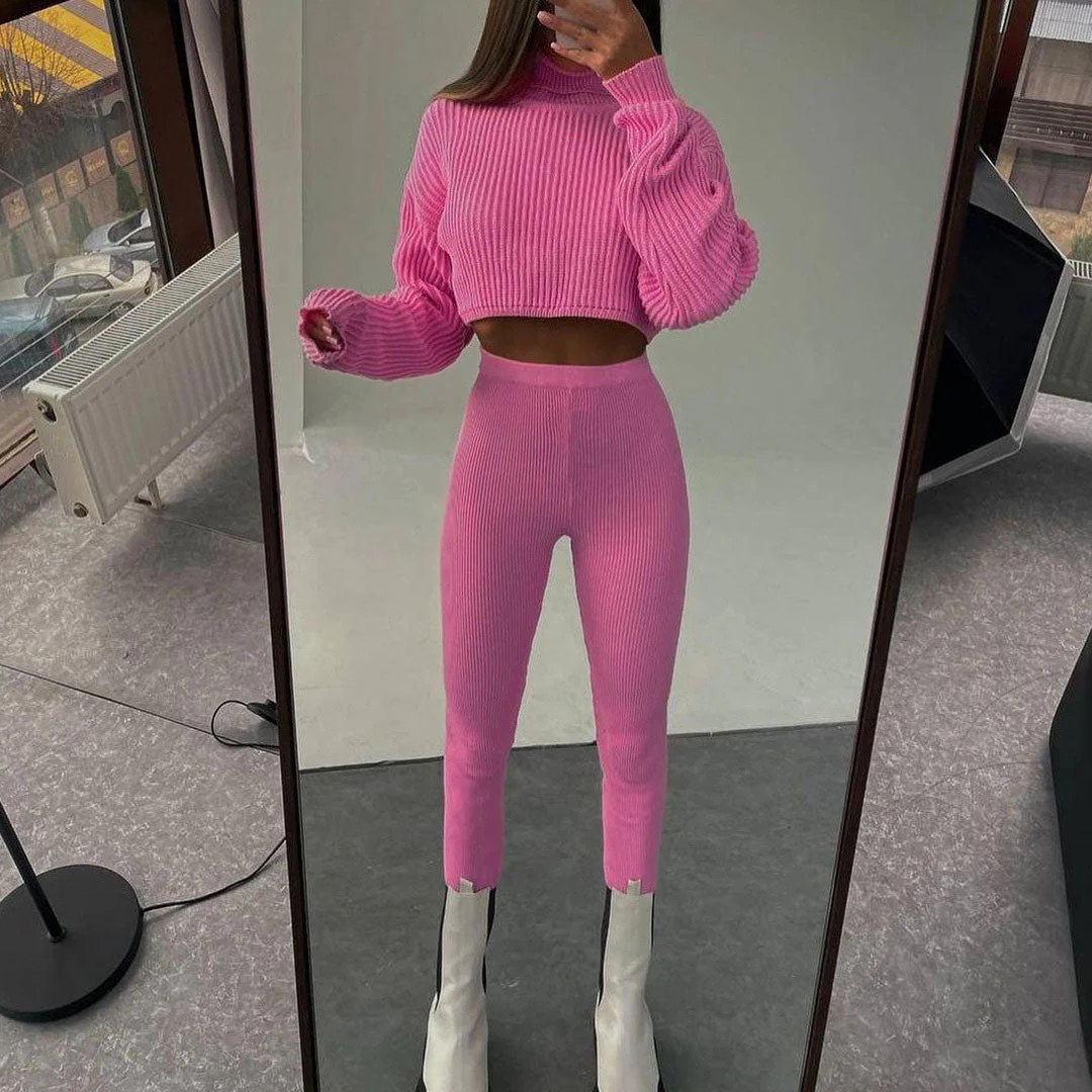 Active Rib Knit Turtleneck Crop Sweater Skinny Pants Matching Set - Pink - Image 3