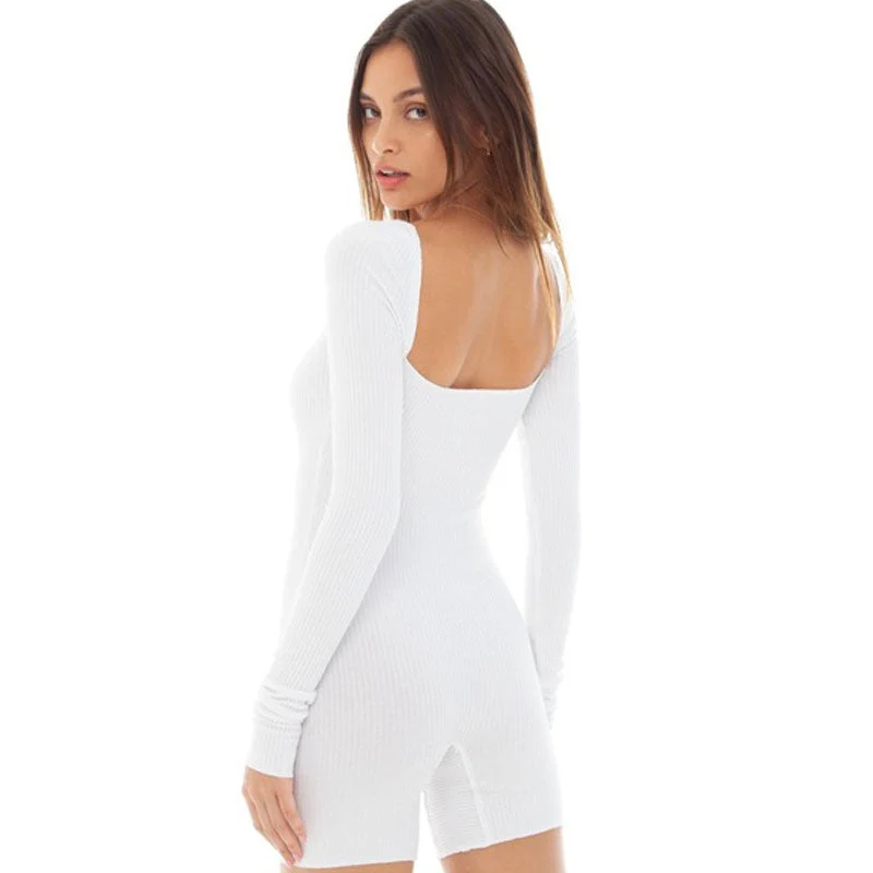 Active Square Neck Long Sleeve Ribbed Bike Short Romper - White - Image 3