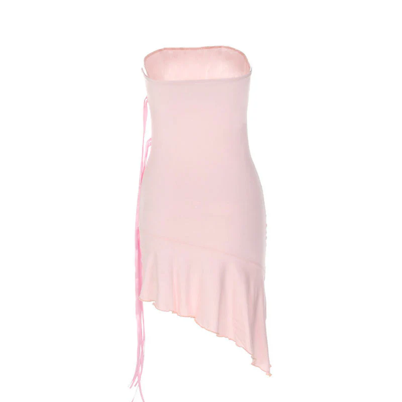 Adorable Solid Color Ribbon trim Ruffle Hem Strapless Mini Dress - Pink - Image 4
