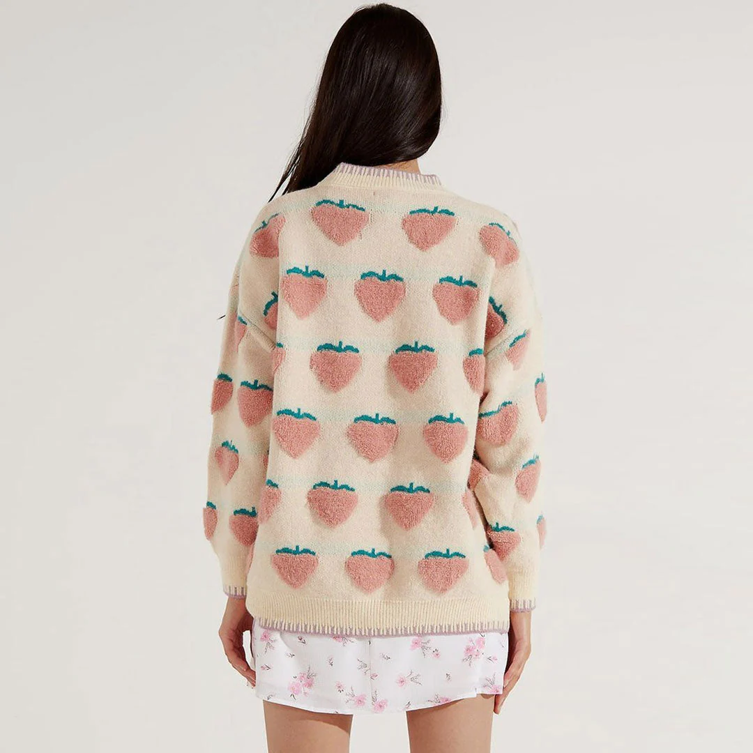 Adorable Strawberry Oversized Crew Neck Knit Pullover Sweater - Pink - Image 2