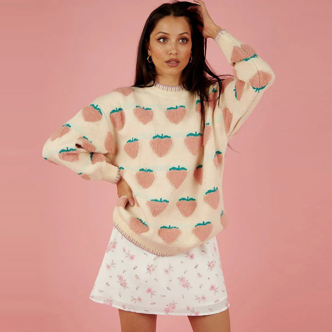 Adorable Strawberry Oversized Crew Neck Knit Pullover Sweater - Pink - Image 3