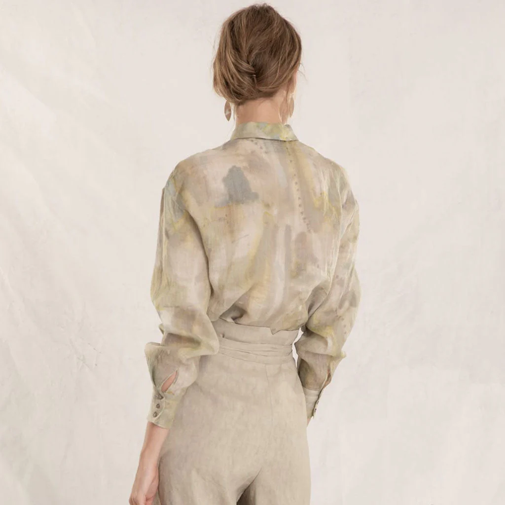 Airy Watercolor Print Long Sleeve Button Down Ramie Blouse - Green - Image 2