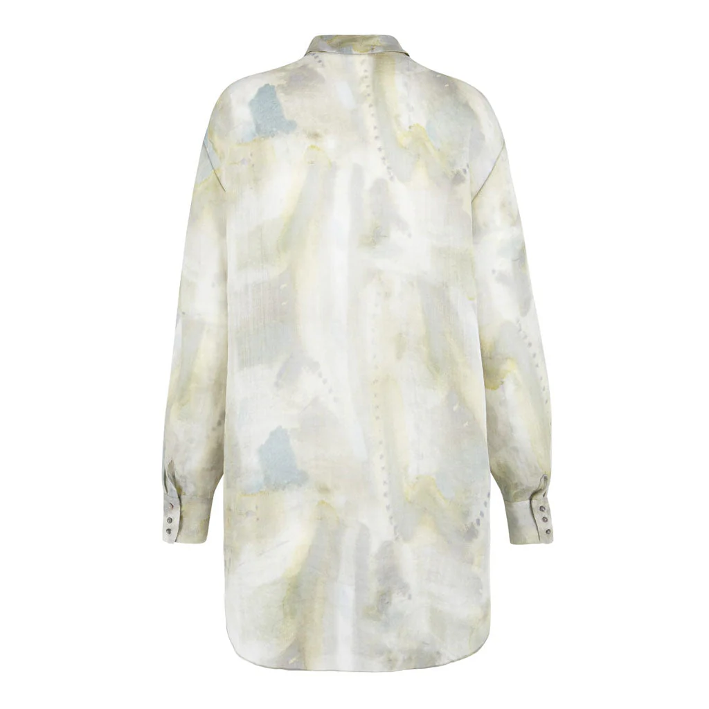 Airy Watercolor Print Long Sleeve Button Down Ramie Blouse - Green - Image 4