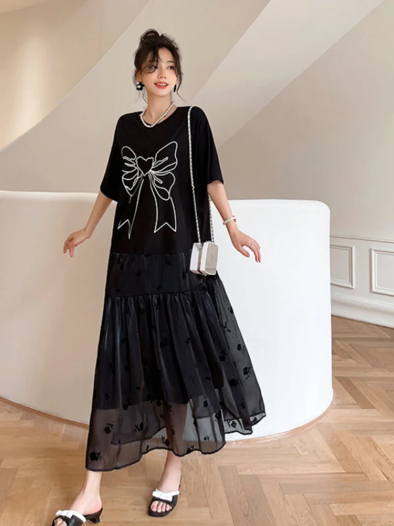 Summer Black Round Neck  Short Sleeve A Line Casual Dress - Image 2