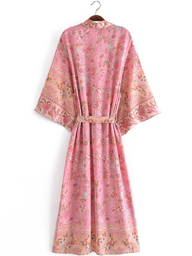 Beachwear Cotton Floral Print Pink Color Long Length Gown Kimono - Image 2