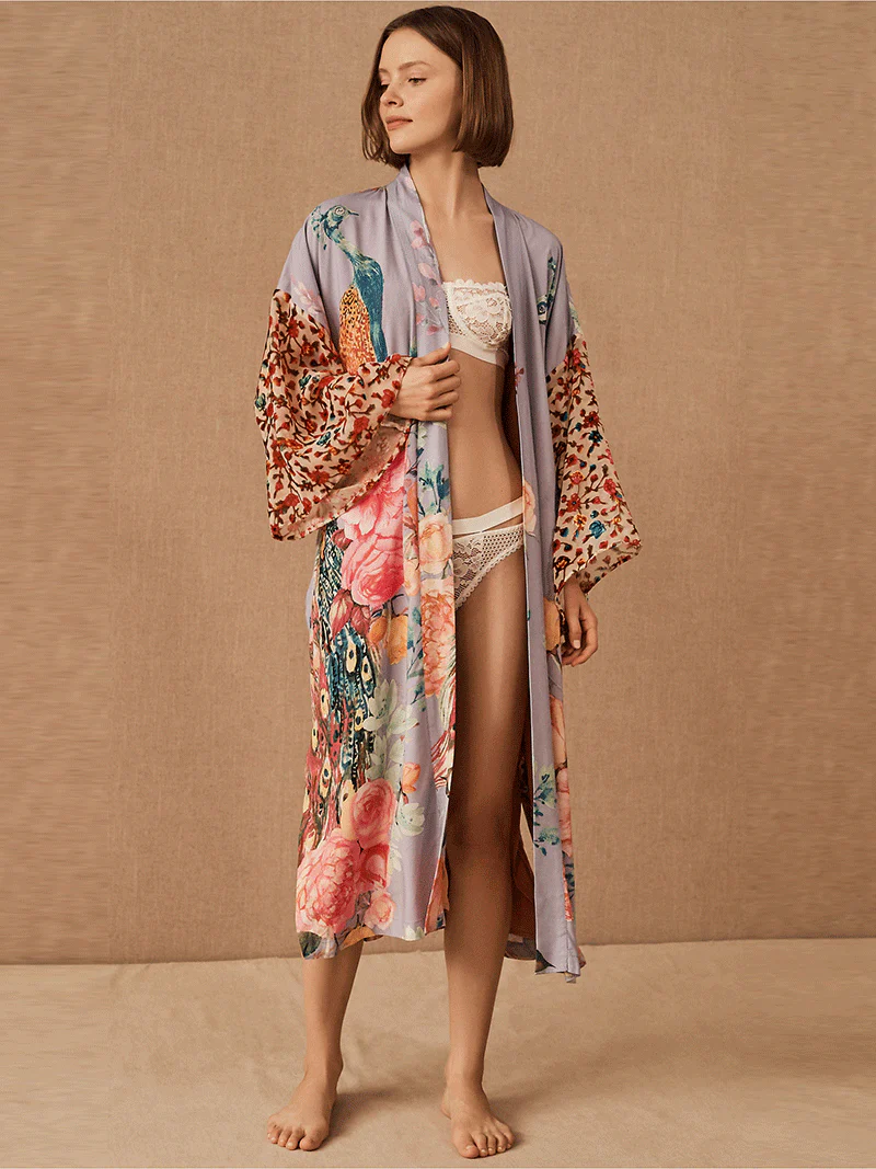 Bridal Partywear Polyester Long Length Peacock Print Multicolor Gown Kimono Duster Robe - Image 3