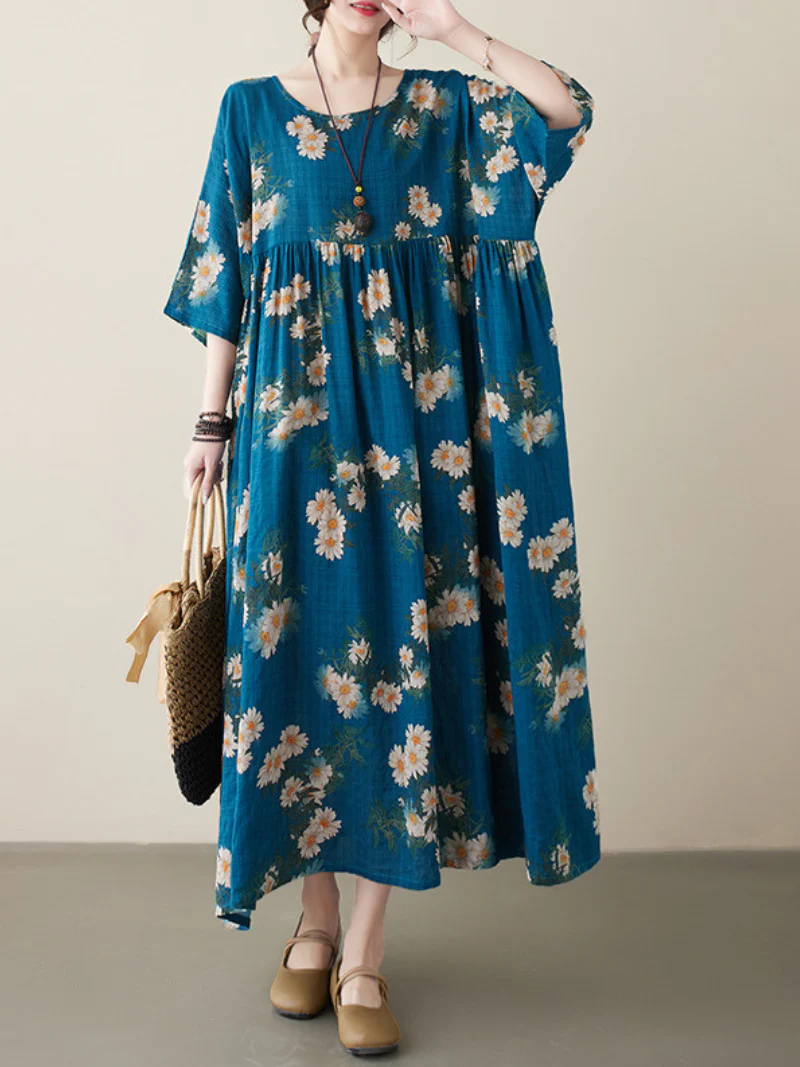 All You Need Cotton Round Neck Floral Smock Dress - Image 3