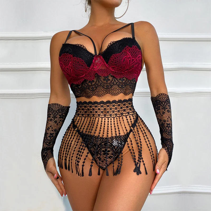 Alluring Contrast Color Fringed Floral Lace Thong Lingerie Set - Pink - Image 3