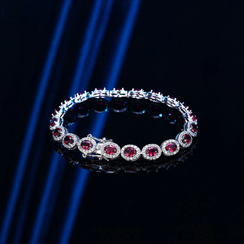 Alluring Rhodium Plated Sterling Silver Bezel Ruby Halo Tennis Bracelet - Image 2