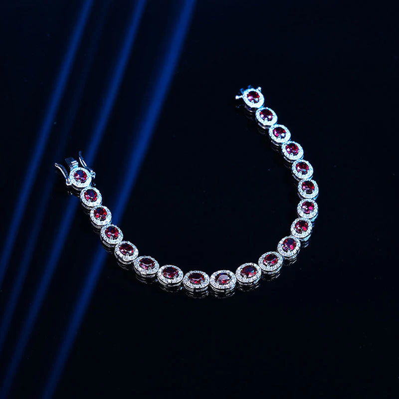 Alluring Rhodium Plated Sterling Silver Bezel Ruby Halo Tennis Bracelet - Image 3