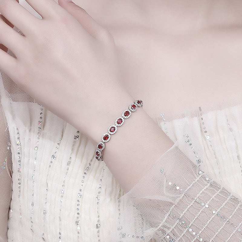 Alluring Rhodium Plated Sterling Silver Bezel Ruby Halo Tennis Bracelet - Image 4