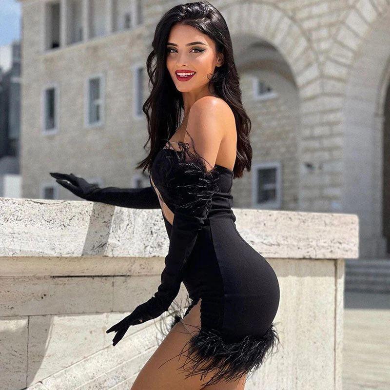 Alluring Sheer Mesh Trim Feather Glove Bandeau Party Mini Dress - Black - Image 2