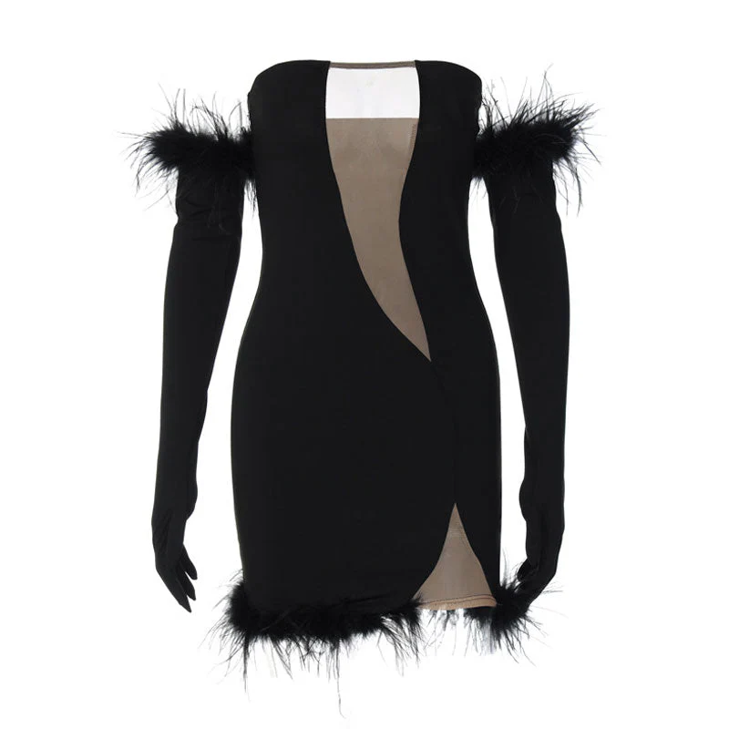 Alluring Sheer Mesh Trim Feather Glove Bandeau Party Mini Dress - Black - Image 5