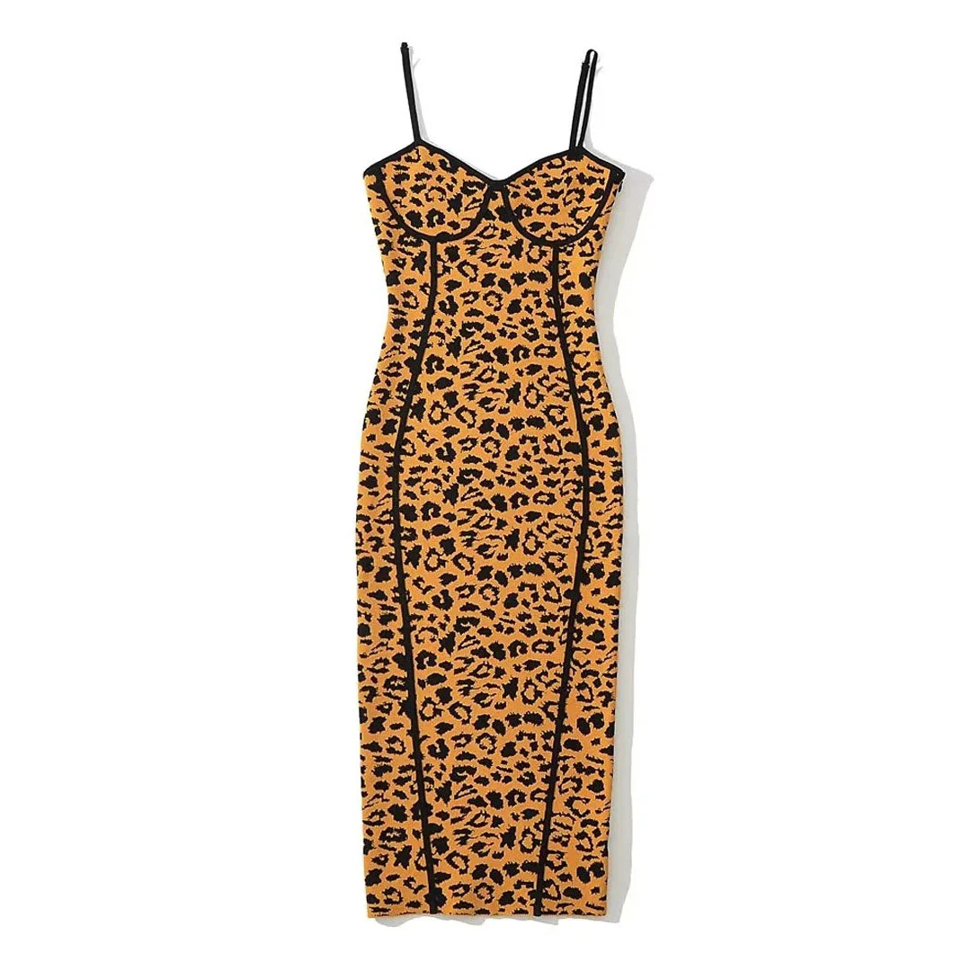 Alluring Sleeveless Bodycon Leopard Sweater Midi Dress - Leopard - Image 3