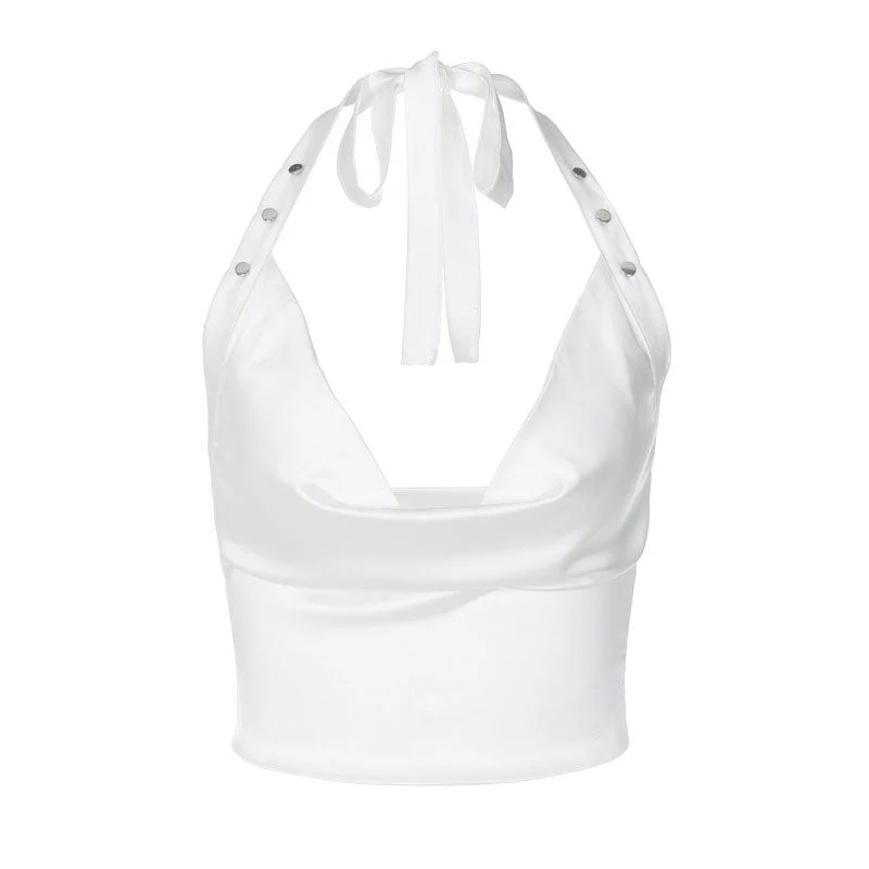 Alluring Solid Color Cowl Neck Studded Halter Crop Top - White - Image 3